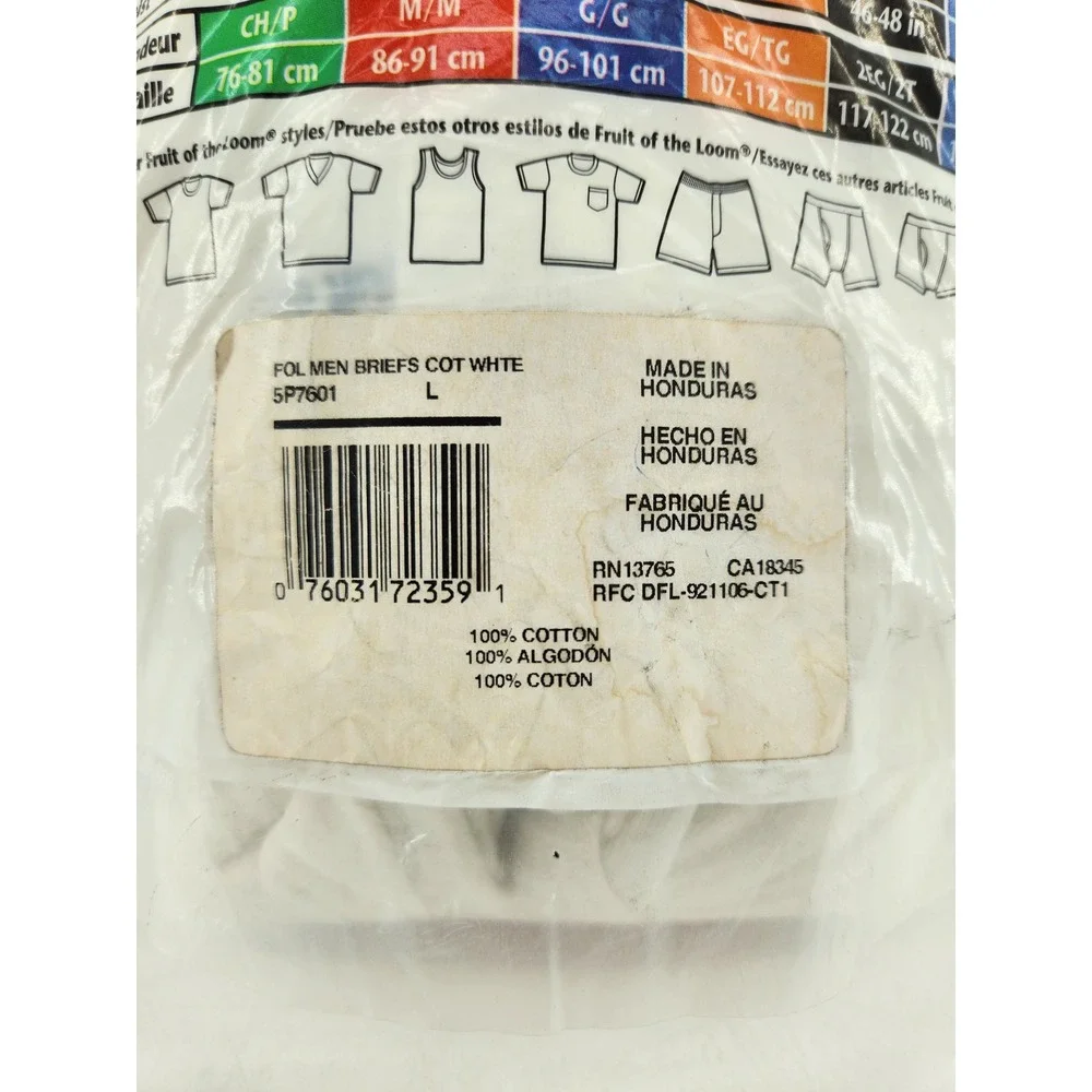New Vtg 2006 Fruit of the Loom Briefs Large White 5-Pack‎ Cotton Full Cut 38-40